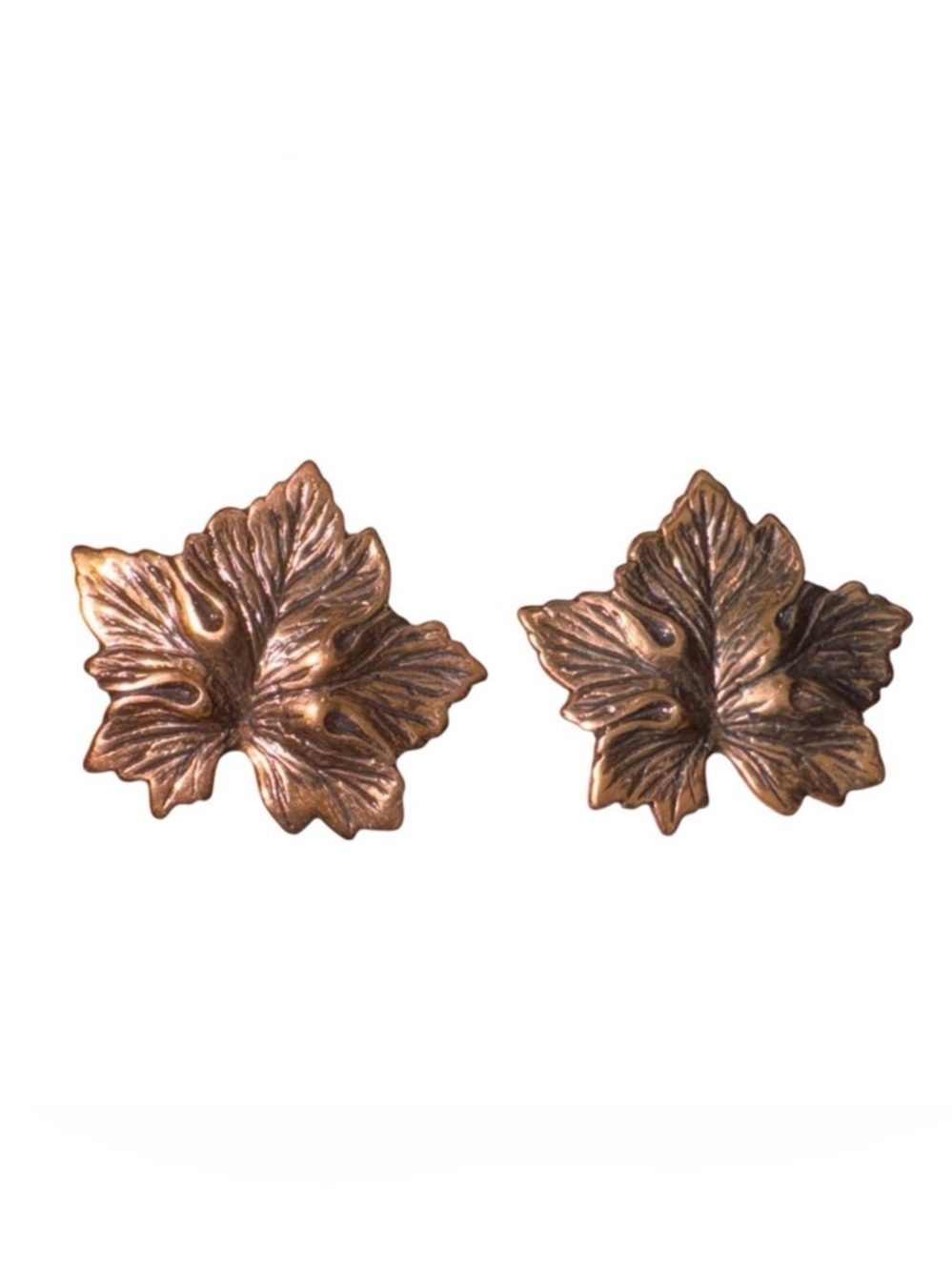 Leaf post earrings brass colored textured multi-dimensional